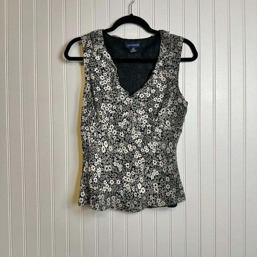 Ann Taylor Black White Floral 100% Silk Sleeveless Top
